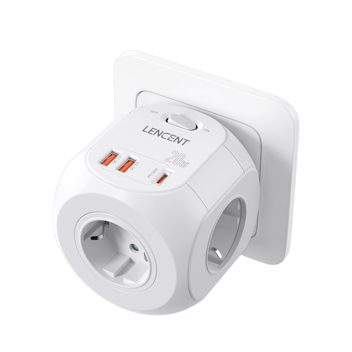 Multi Plug Cube 7 в 1 LENCENT®, 4 Euro AC контакта, 2 USB A, 1 Type C(PD 20W), On/Off Button, Max 4000W, Множество защити, Бял