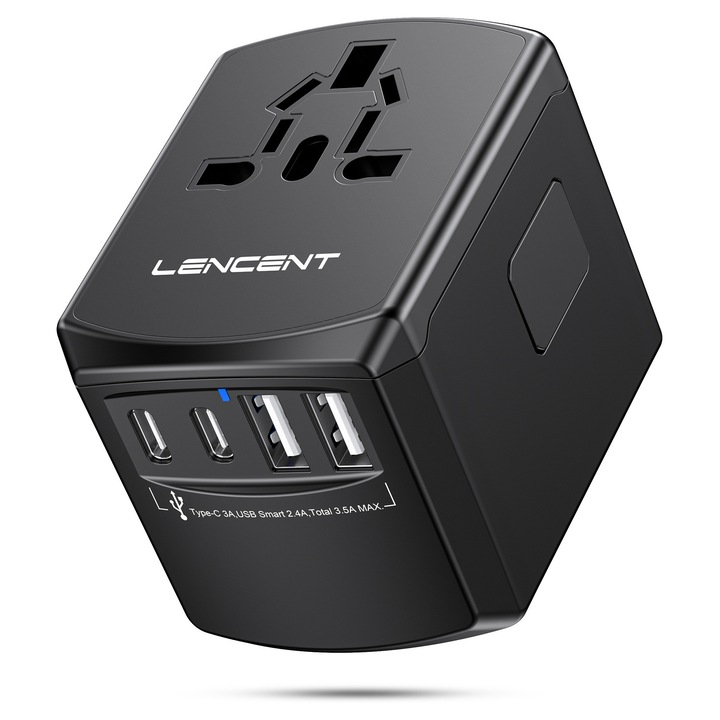 Adaptor Priza Universial Calatorii LENCENT® UK/USA/EU/Australia/Asia, Siguranta Copii, Sigurante duble de 10A, Protectii Multiple, Carcasa Ignifuga, International Incarcator Priza Convertor,2 USB A+2 Type C, Max 2400W