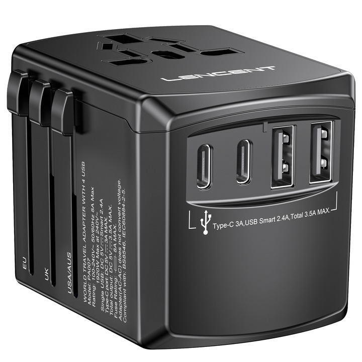 LENCENT® Univerzális Konnektor átalakító utazó, nemzetközi töltő Adapter Dugvilla, FCC, CE jóváhagyott,2 USB A & 2 USB C, kettős 8A biztosíték,1920 W, hálozati csatlakozóadapter több mint 200 országhoz az USA/UK/EU/China
