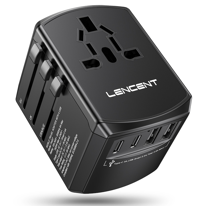 Adaptor Priza Universial Calatorii LENCENT® UK/USA/EU/Australia/Asia, Siguranta Copii, Sigurante duble de 10A, Protectii Multiple, Carcasa Ignifuga, International Incarcator Priza Convertor,2 USB A+2 Type C, Max 2400W