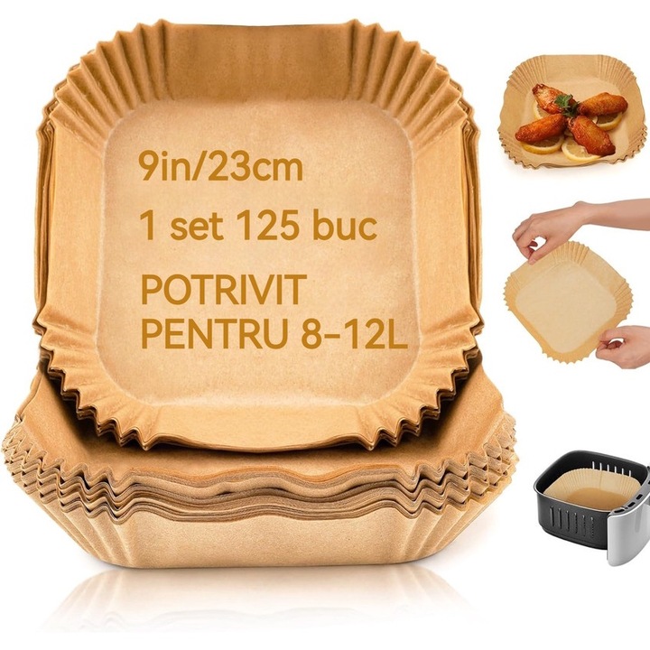 Set 125 Hartie de copt, Unica Folosinta pentru Air Fryer, Cuptor si Friteuza, 23x23cm, Natur