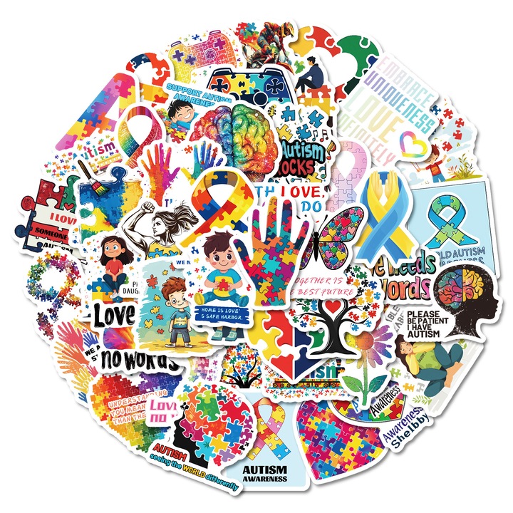 Set 50 Stickere Decorative Feicaeesa, Tema Autism, Vinil Impermeabil, Multicolor, 5cm, pentru laptop, telefon, PC, caietul, piese auto de interior