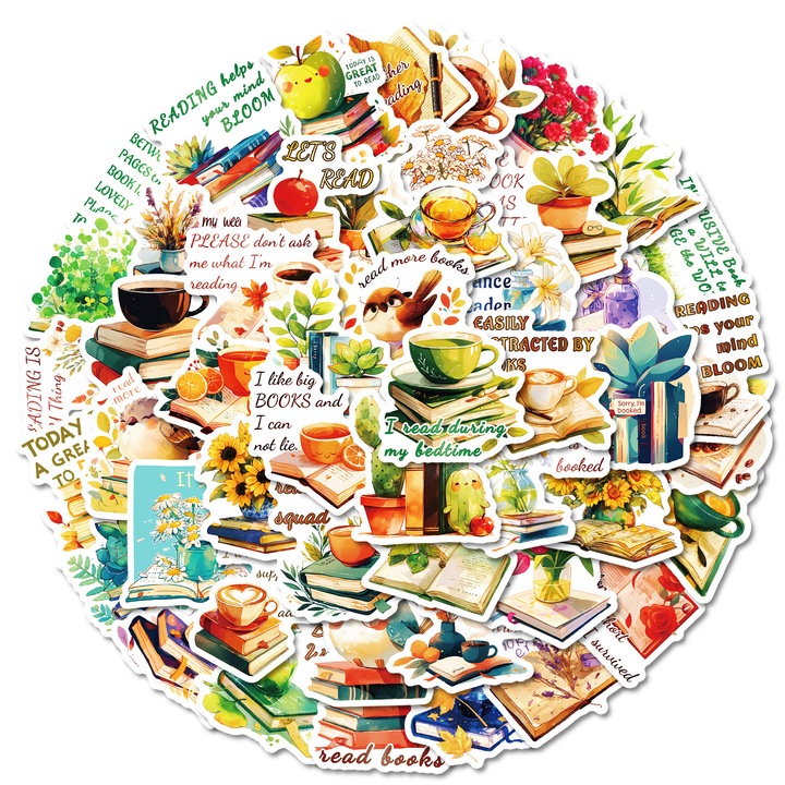 Set 50 Stickere Decorative Feicaeesa, Tema cartilor, Vinil Impermeabil, Multicolor, 5cm, pentru laptop, telefon, PC, caietul, piese auto de interior
