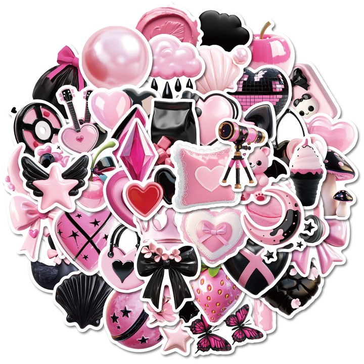 Set 50 Stickere Decorative Feicaeesa, Tema baloane roz, Vinil Impermeabil, Alb, 5cm, pentru laptop, telefon, PC, caietul, piese auto de interior