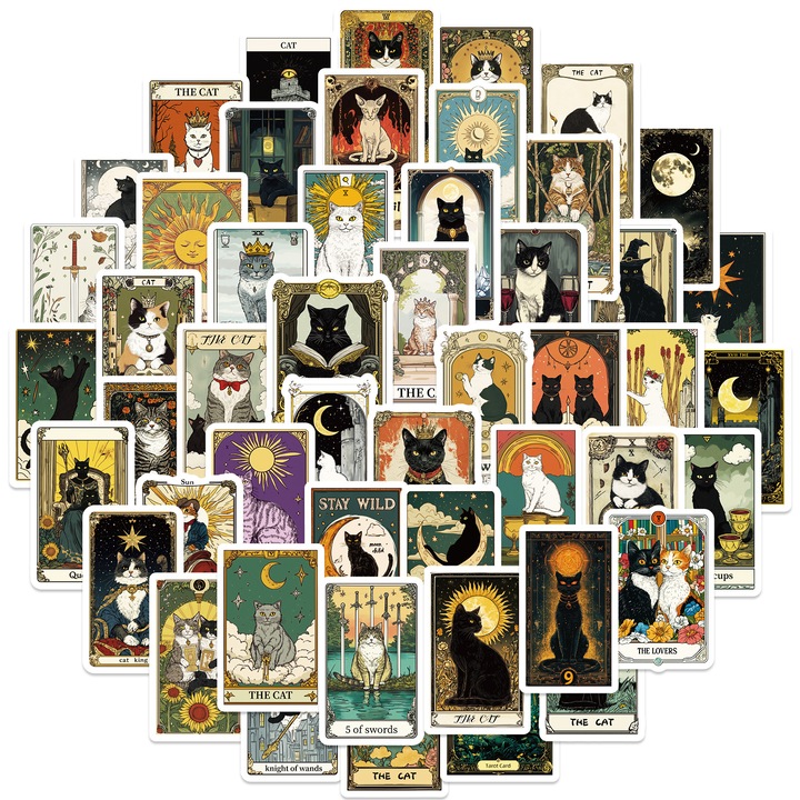 Комплект от 50 декоративни стикера Feicaeesa, ретро модел на котка, водоустойчив винил, бял, 5 см, за лаптоп, телефон, компютър, преносим компютър, части от интериора на автомобила