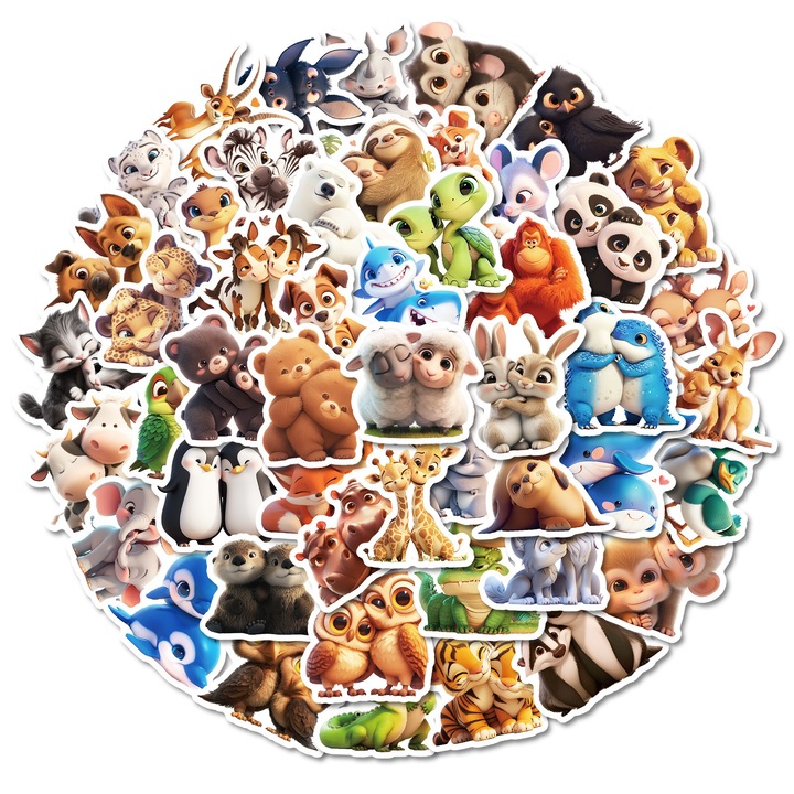 Set 50 Stickere Decorative Feicaeesa, Model desene animate cu animale, Vinil Impermeabil, Alb, 5cm, pentru laptop, telefon, PC, caietul, piese auto de interior