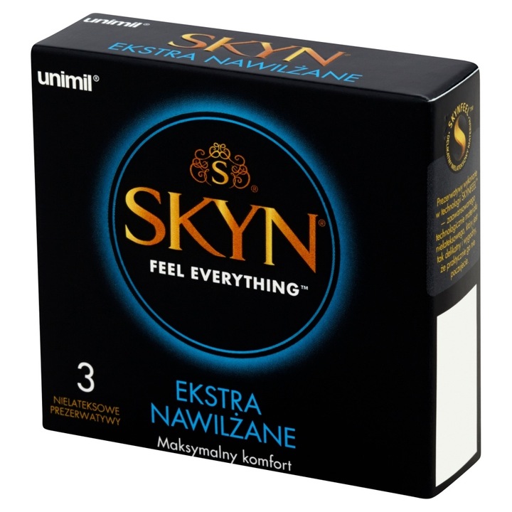 Prezervative Skyn, set 3 bucati, extra umede, 53mm, poliizopren, fara latex, natural