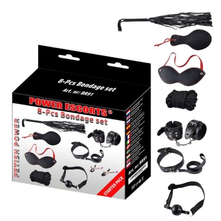 Set BDSM 8 piese, Power Escorts, negru, cu catuse, zgarda, masca, bici, cleme, franghie