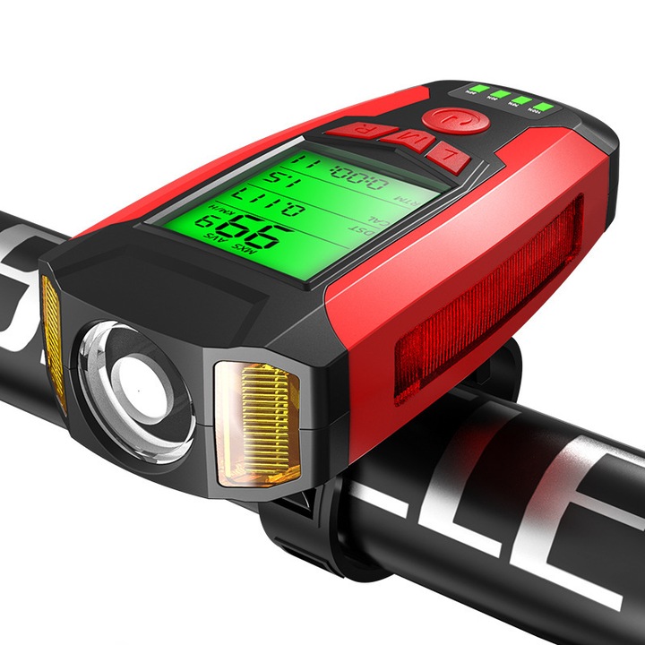 Far bicicleta cu ciclocomputer, BOMSTOM, 1200mAh, 5 moduri de iluminare, incarcare USB, acumulator 1200mAh, 300 lumeni, rezistent la apa, mod alarma bicicleta, rosu/negru