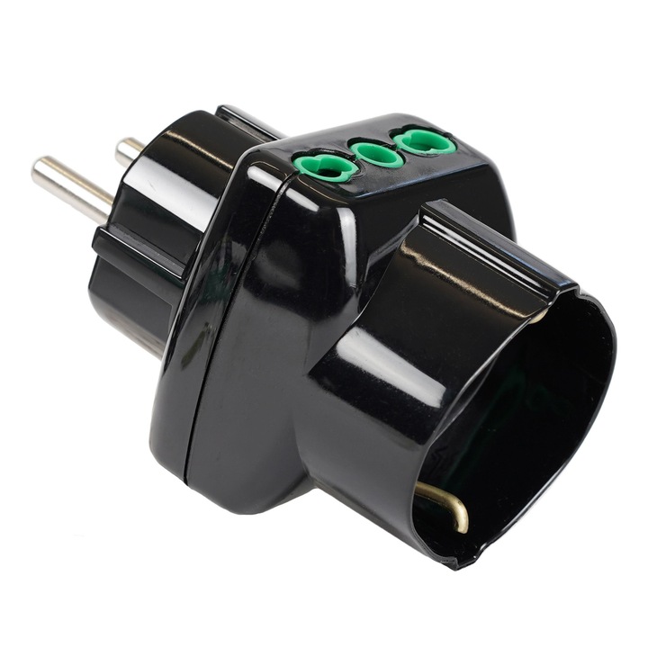 Adaptor Triplu, Stecher 3 Prize, 2x Prize Italiene 2P+E 16A, 1x Priza Schuko/Italiana 2P+E 16A, AC 250V, 1500W, Protectie Copii, Negru, 82x46x50mm, Fanton Italia