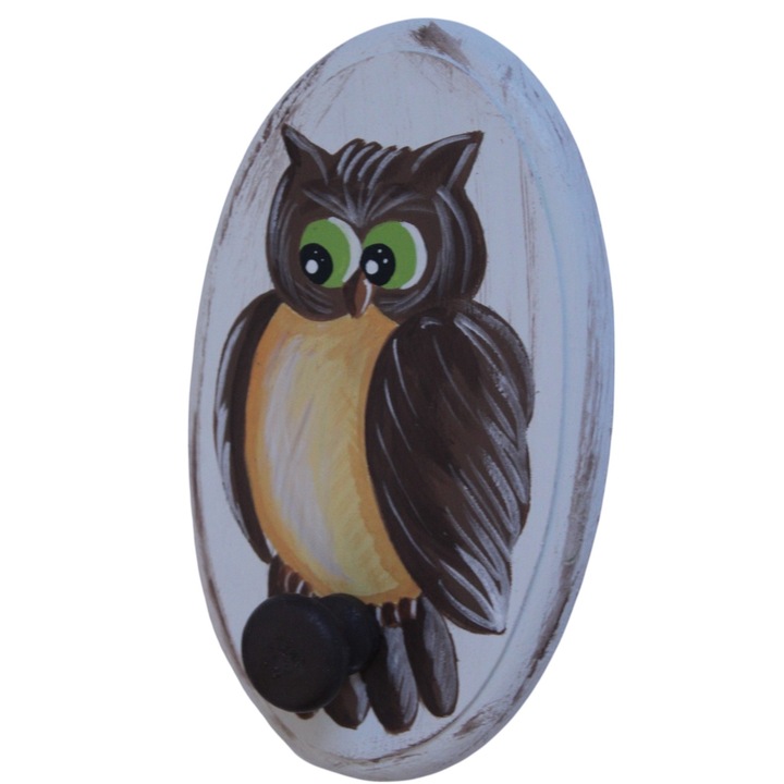 Ovális fa faliakasztó, Bagoly, többszínű, kézzel festett, magassága 22 cm