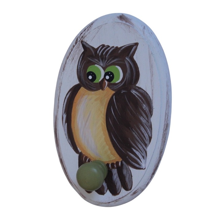 Cuier din lemn de perete, Bufnita, multicolor, pictat manual, inaltime 22 cm