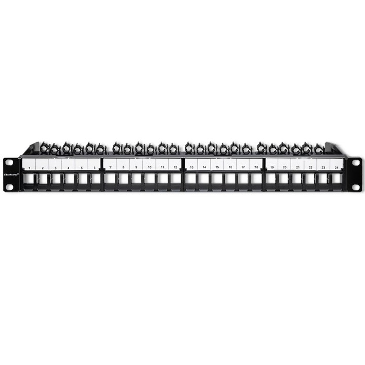 Пач панел, Qoltec, 24 порта rj45, Метал, 1u, За 19'' стелажни шкафове, Кабелна организация, Номериране на портове, Устойчива конструкция