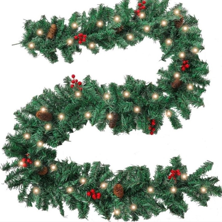 Ghirlanda de craciun, cu merisoare si conuri, instalatie, din brad artificial, 270 cm, BUZ