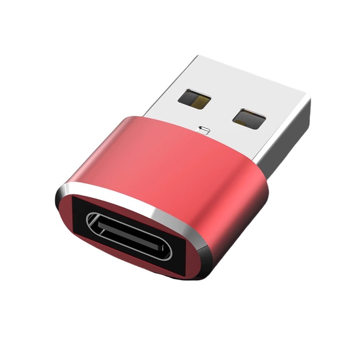 USB към USB-C адаптер, корпус от алуминиева сплав, 3A бързо зареждане и трансфер на данни, червен