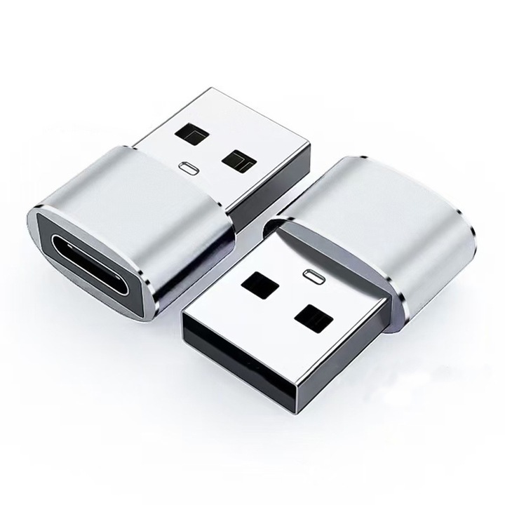 Адаптер USB към USB-C, корпус от алуминиева сплав, 3A бързо зареждане и трансфер на данни, сив