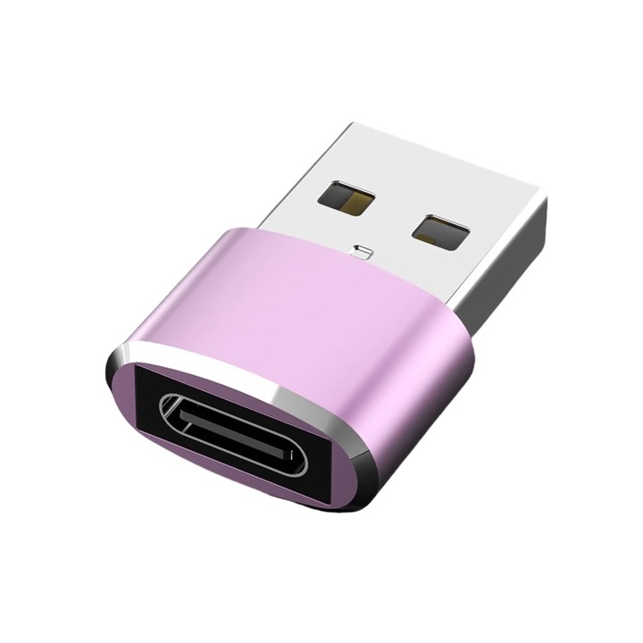 USB към USB-C адаптер, корпус от алуминиева сплав, 3A бързо зареждане и трансфер на данни, розов
