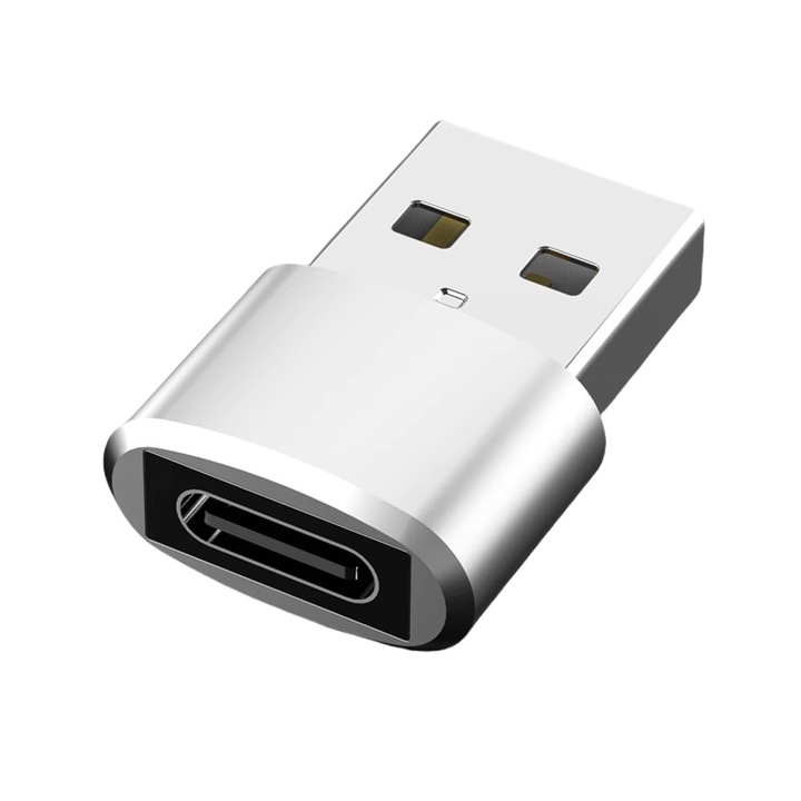 Адаптер USB към USB-C, корпус от алуминиева сплав, 3A бързо зареждане и трансфер на данни, сребрист
