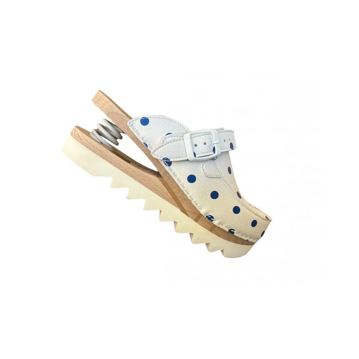 Saboti Slim din Piele naturala, Talpa din lemn de fag uscat, flexibila, cu design antiderapant, cu Arc – Model Airzig Bulina Blue - Marimea 37