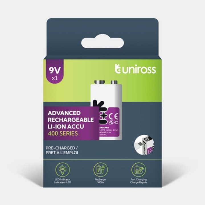 Acumulator LI-ION cu USB-C Uniross 9V, E-Block, 400mAh 1buc