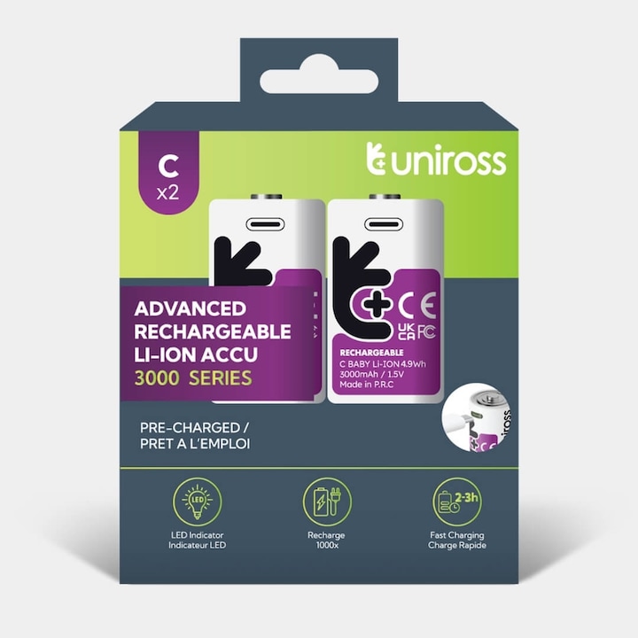 Set 2 acumulator LI-ION cu USB-C Uniross R14, C, 3000mAh