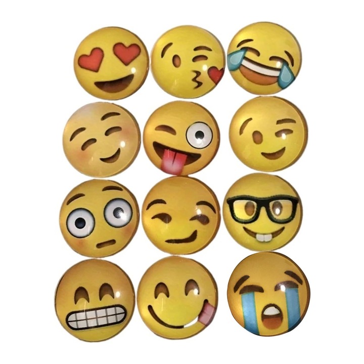 12 db-os dekoratív mágnes készlet, SINBINTA, Emoji hűtőmágnesek, Vicces hűtőmágnesek, Aranyos mágnesek, Konyhába, Irodába, Fehér táblára, Szekrénybe, Ruhásszekrénybe, Kristályüveg, 3x3cm, Sárga