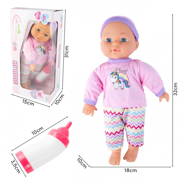 Papusica bebe pentru copii Malplay Pink Unicorn, cu hainute, biberon si suzeta inclusa, inaltime 30 cm