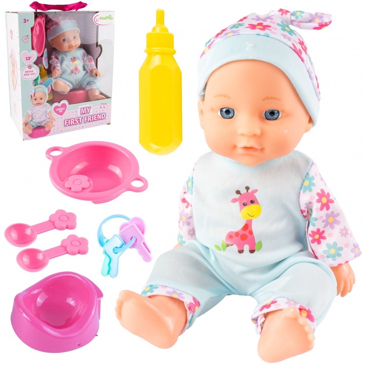 Papusa Bebe cu membrele mobile, cu Olita si accesorii pentru hranire, biberon, bol si tacamuri, Cute Baby 29 cm