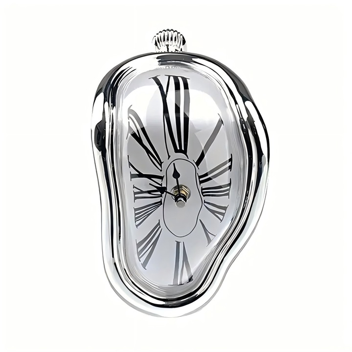 Ceas de perete creativ cu cifre romane distorsionate, stil topit, plastic, 1 x AA