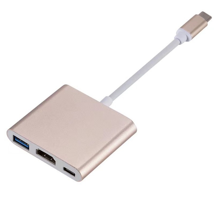 3-в-1 USB-C и HDMI адаптерен хъб, готов за 4K, USB 3.0, златен