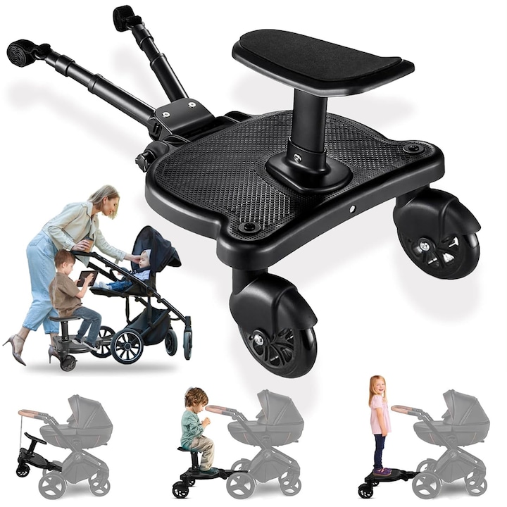 Platforma Buggy Board cu Scaundemontabil, 2Roti, Capacitate 25kg, Universal, Negru