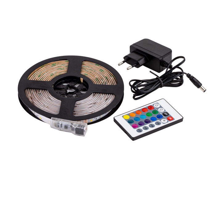 Set banda led de exterior, RGBW, cu telecomanda, 4, 8W/m, 400lm/m, latime 10mm, IP44, rola 2m, alimentare 220V, cu transformator 24V, Tracon