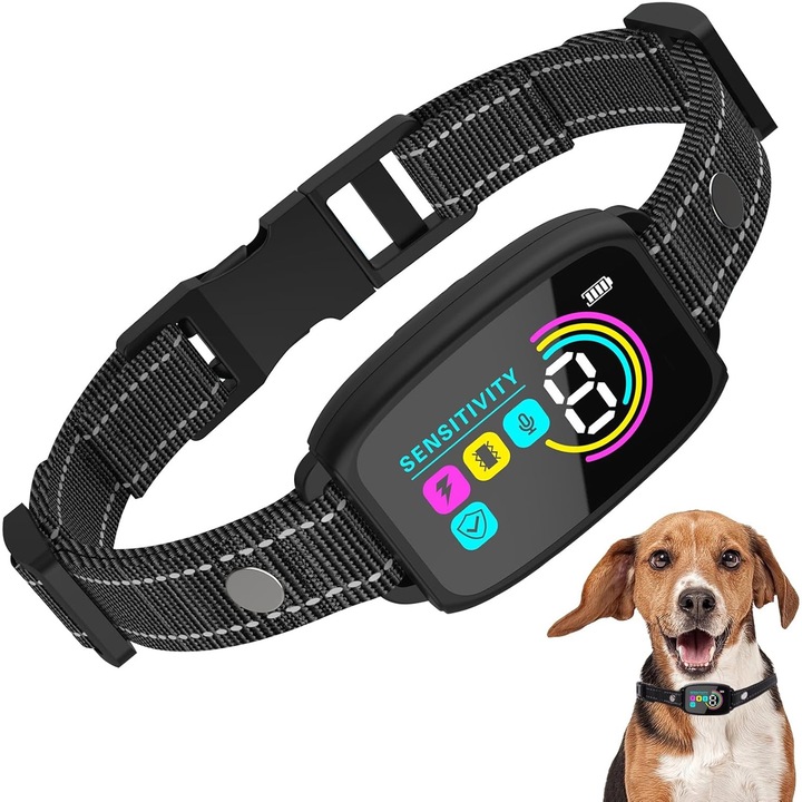 Електрически нашийник против лай, SINBINTA, 8 нива, Три независими функции (звук, вибрация, импулси), Акумулаторна, 400mAh, Цветен LED дисплей, Водоустойчив, Регулируем, За обучение на кучета, Пластмаса, 68,5 см, Черен