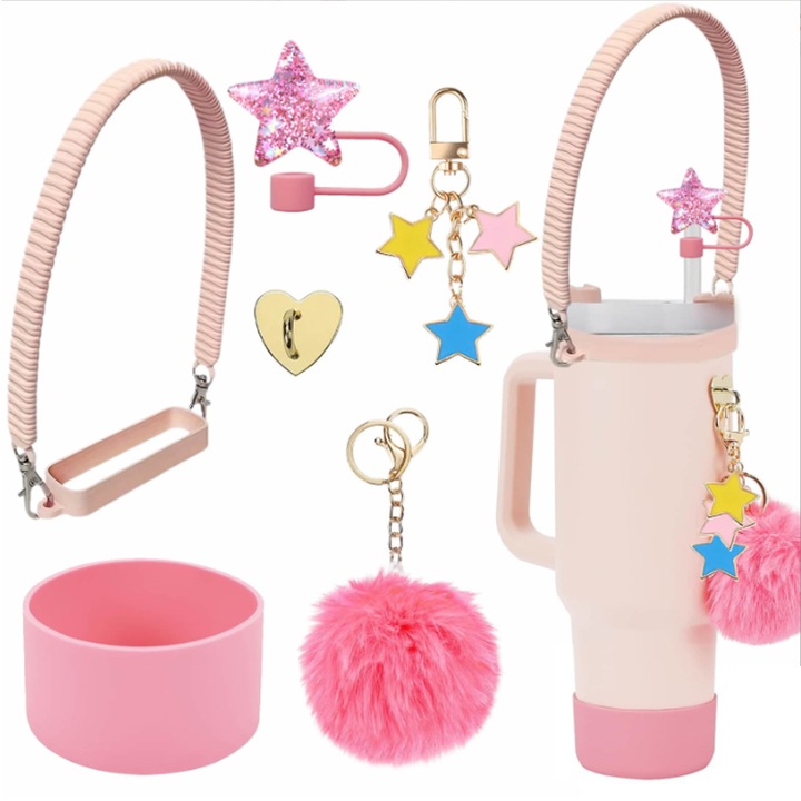 Комплект от 6 аксесоара за чаши за вода, декорации, SINBINTA, подходящ за декорация на чаши, включва дръжка за бутилка с вода, силиконова обувка, капак със сламка, лесен за носене и употреба, силикон/метал, розов