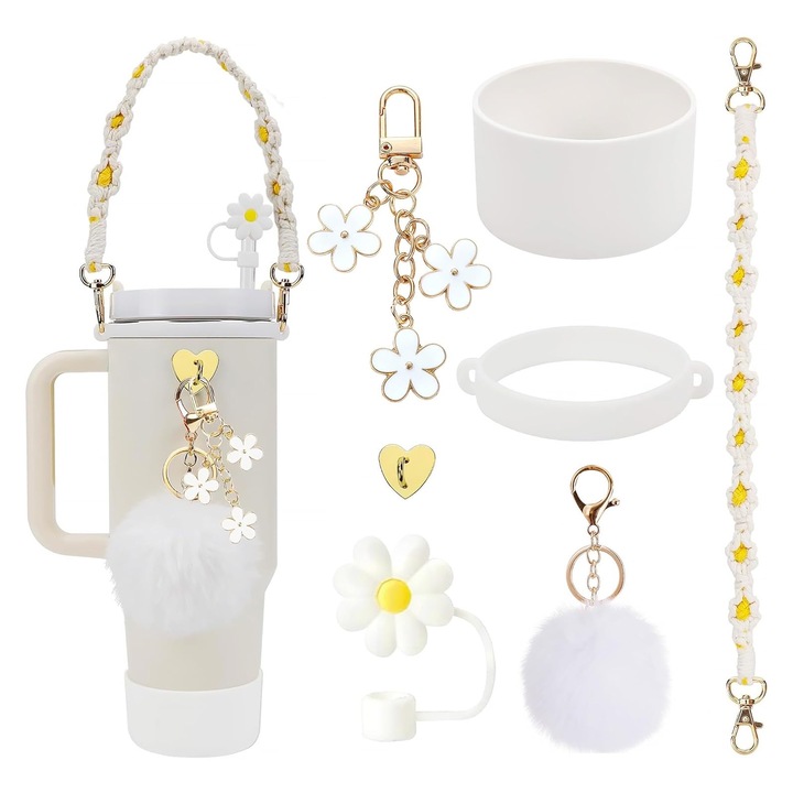 Комплект от 7 аксесоара за чаши за вода, декорации, SINBINTA, подходящ за декорация на чаши, включва дръжка за бутилка с вода, силиконова обувка, капак със сламка, лесен за носене и употреба, силикон/метал, бял