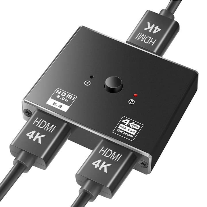 Switch HDMI 4K 60Hz Bi-directional 1x2 / 2x1, SINBINTA, 2 intrari 1 iesire, Plug to play, Fara nevoie de alimentare, Transmisie stabila a semnalului, Perfect pentru TV, proiector, sistem home cinema, Aluminiu, 5.7x5.3x1.2cm, Negru