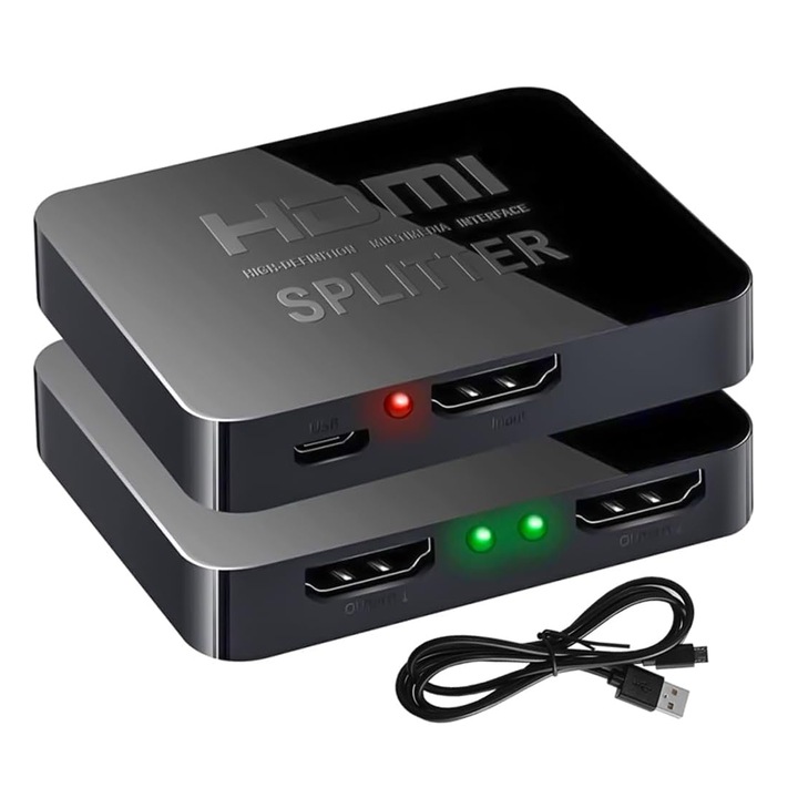 4K HDMI сплитер с усилвател 1 в 2 изход, SINBINTA, Plug to play, Поддържа до 4K/60Hz, Споделяне на съдържание от един HDMI източник към два монитора или проектора, ABS, 6,3x5x1,2 cm, Черен