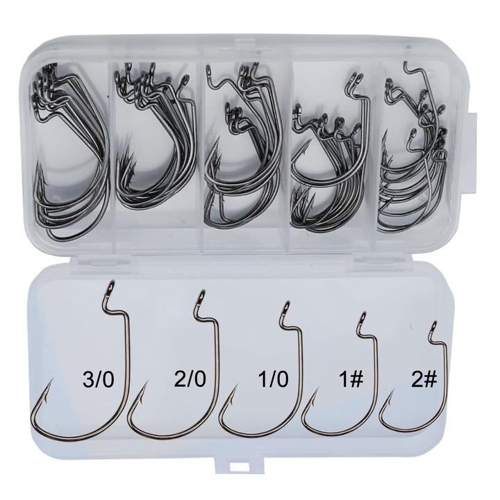 Set 50 Carlige Pescuit Din Otel cu Continut Ridicat de Carbon, SINBINTA, 5 Marimi, Cutie reutilizabila, Varf Ghimpat, Rezistent la coroziune, Pentru pescuitul cu momeli la biban, pastrav, in apa dulce sau sarata, Negru