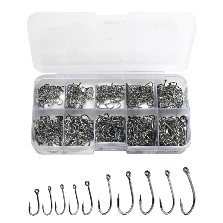 Set 600 Carlige Pescuit cu Ochet, SINBINTA, 10 Marimi, Otel carbon, Cutie reutilizabila, Varf ghimpat, Nu este usor de slabit, Usor de transportat, Pentru pescuitul in apa dulce sau sarata, 13x6.7x2.2cm, Negru