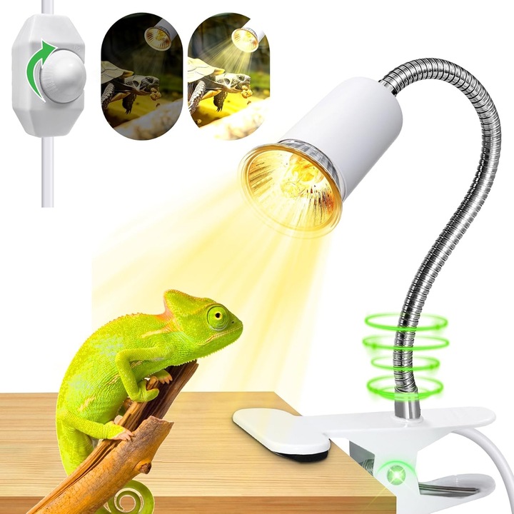 Lampa de Caldura pentru Reptile, SINBINTA, Cu 2 becuri (25W + 50W), Clema pivotanta 360°, Reglare a intensitatii, Tropical UVB 3.0, Pentru rezervorul testoasei Lumina pentru acvariu, Fier/ABS, 35x6x4.2cm, Alb