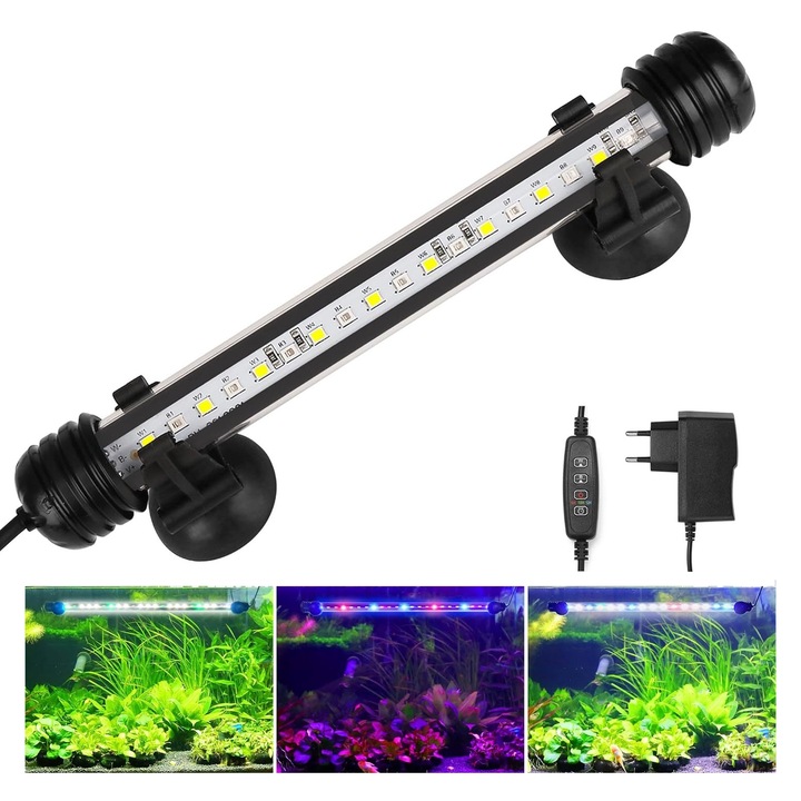 Lampa LED Submersibila pentru Acvariu, SINBINTA, 3 moduri de iluminare, 29cm, Functie temporizare, 15 LED-uri, Luminozitate reglabila, Rezistenta la apa, Durata lunga de viata, Pentru 35-50cm terariu, ABS, Negru