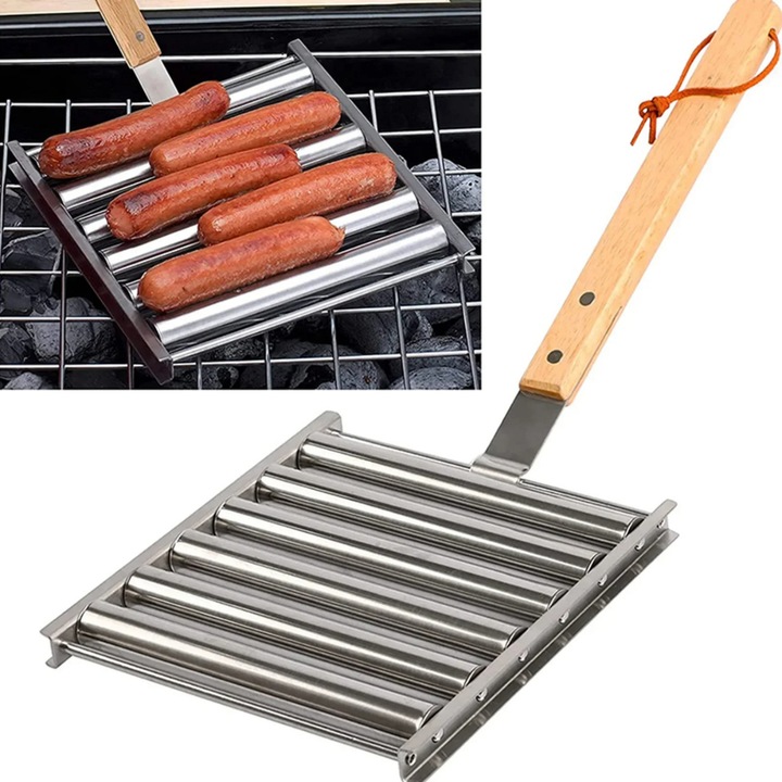 Set gratar hot dog cu maner din lemn, gratar detasabil, potrivit pentru camping, gatit in aer liber, capacitate 5 carnati, portabil, otel,24x18x4cm, argintiu