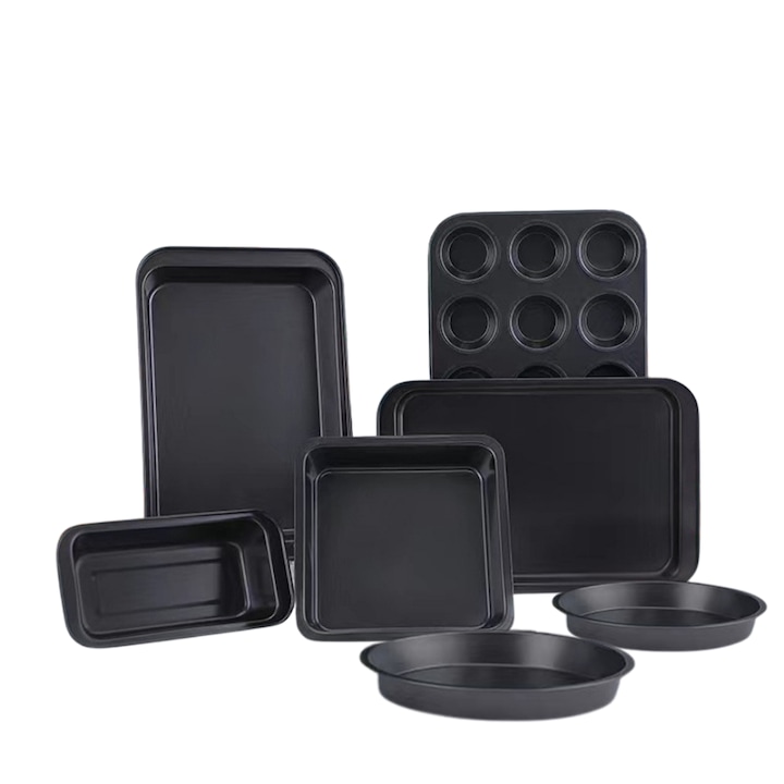 Set 7 tavi pentru copt antiaderente, pentru cuptor, tava pentru briose, prajituri, paine prajita, rotunda, patrata, dreptunghiulara, pentru cuptor si uz caznic, Negre