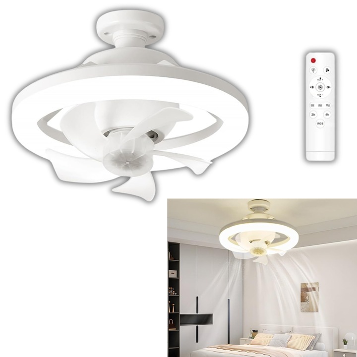 Ventilator de tavan, iluminare LED, lustra ventilator, iluminare reglabila 3 culori, telecomanda, 360 grade, functie racire, memorie si temporizator, vara -iarna, silentios, clasa A, alb
