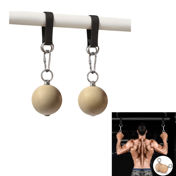 Set 2 mingi de prindere pentru calistenice cu chingi, echipament pentru antrenament forta brate, antebrate, spate, pentru profesionisti, fitness acasa, la sala, dispozitiv prindere bara tractiuni, crossfit, lemn, sarcina 100 kg, Bej/Negru