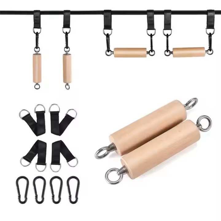 Set 2 bastoane de prindere pentru calistenice cu chingi, forma cilindru, echipament pentru antrenament forta brate, antebrate, spate, pentru profesionisti, fitness acasa, la sala, dispozitiv prindere bara tractiuni, lemn, sarcina 250 kg, Bej/Negru