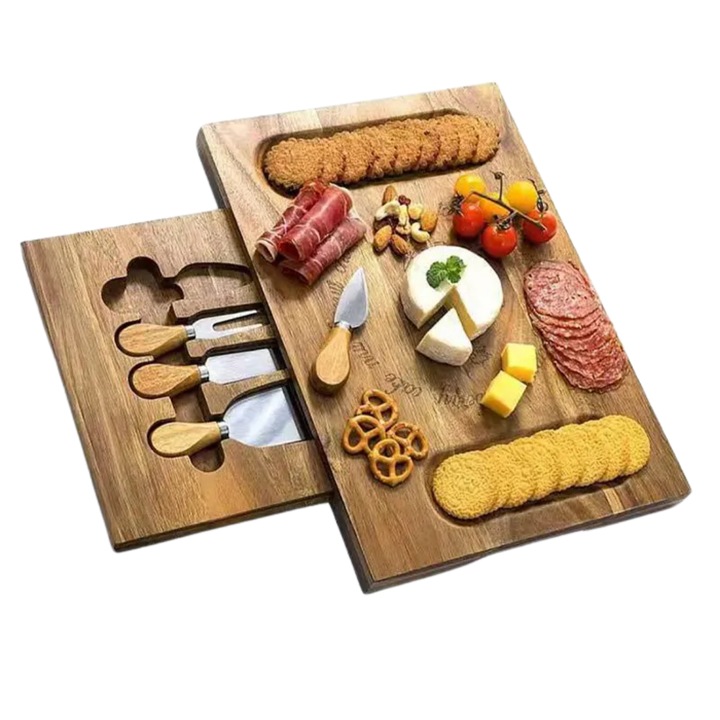 Set platou pentru prezentare, servire din bambus cu ustensile, charcuterie, tava branzeturi, farfurie din lemn, pentru branzeturi, aperitive, mezeluri, biscuiti, nuci, deserturi, lemn, 4 cutite otel, dreptunghiular,41x27x3 cm
