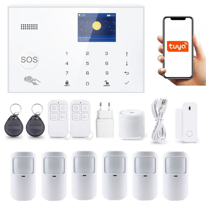 Безжична аларма LCD 2.4" Wifi GSM, Onshop, Tuya Smart, 6xPIR, бял