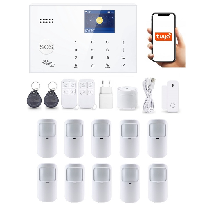 Alarma Wireless LCD 2.4" Wifi GSM, Onshop, Tuya Smart, 10xPIR, Alb