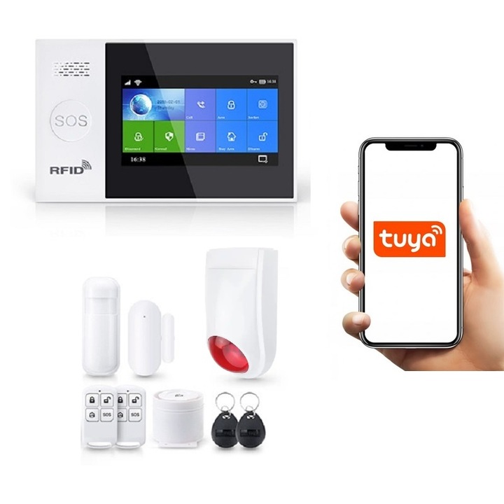 Безжична аларма LCD 4.3" Wifi GSM, Onshop, Tuya Smart, 1x PIR, 1x Допълнителна външна сирена, Бял